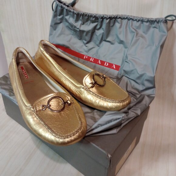 Prada Sport Gold Leather Loafers. Size 9 Good condition. In original bag and box - Picture 1 of 9